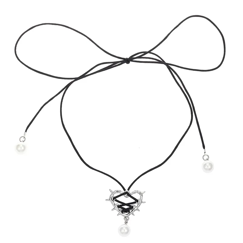 Hart hanger ketting met parel en lint voor dames vintage_voghion.com