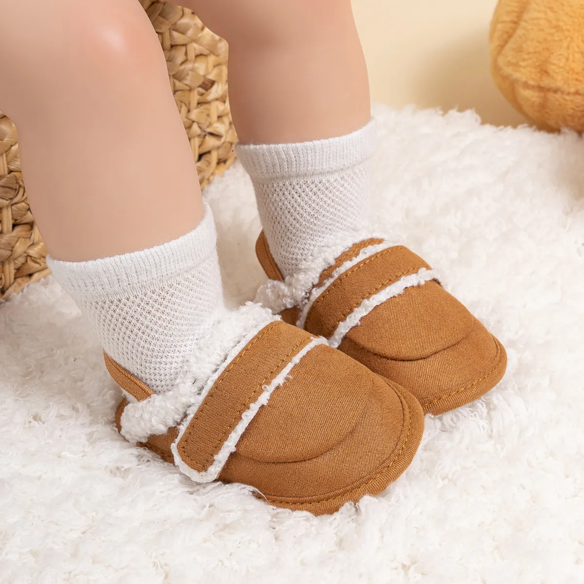 Papuci pufoși pentru bebeluși, moale, de pluș, cald, cu cerc și bandă elastică pentru copii mici, iarna pentru sugari, casă, interior_voghion.com