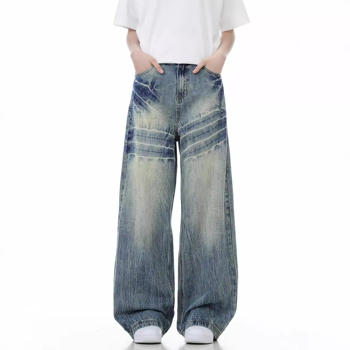 Vêtements pour hommes Jeans évasés bleu clair pour hommes Pantalons amples délavés de marque tendance d'automne Pantalons droits Scimitar de rue
