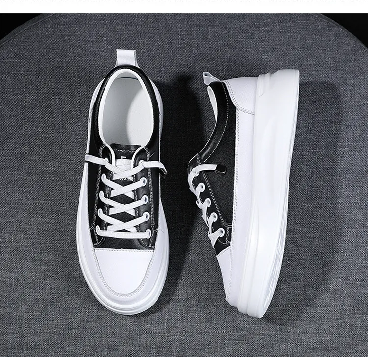 Γνήσιο Δερμάτινο Γυναικείο Κορεατικό Μικρό Λευκό Άνοιξη-Καλοκαίρι Σφουγγάρι Κέικ με Χοντρές Σόλες και Δαντέλα Αθλητικά Παπούτσια_voghion.com