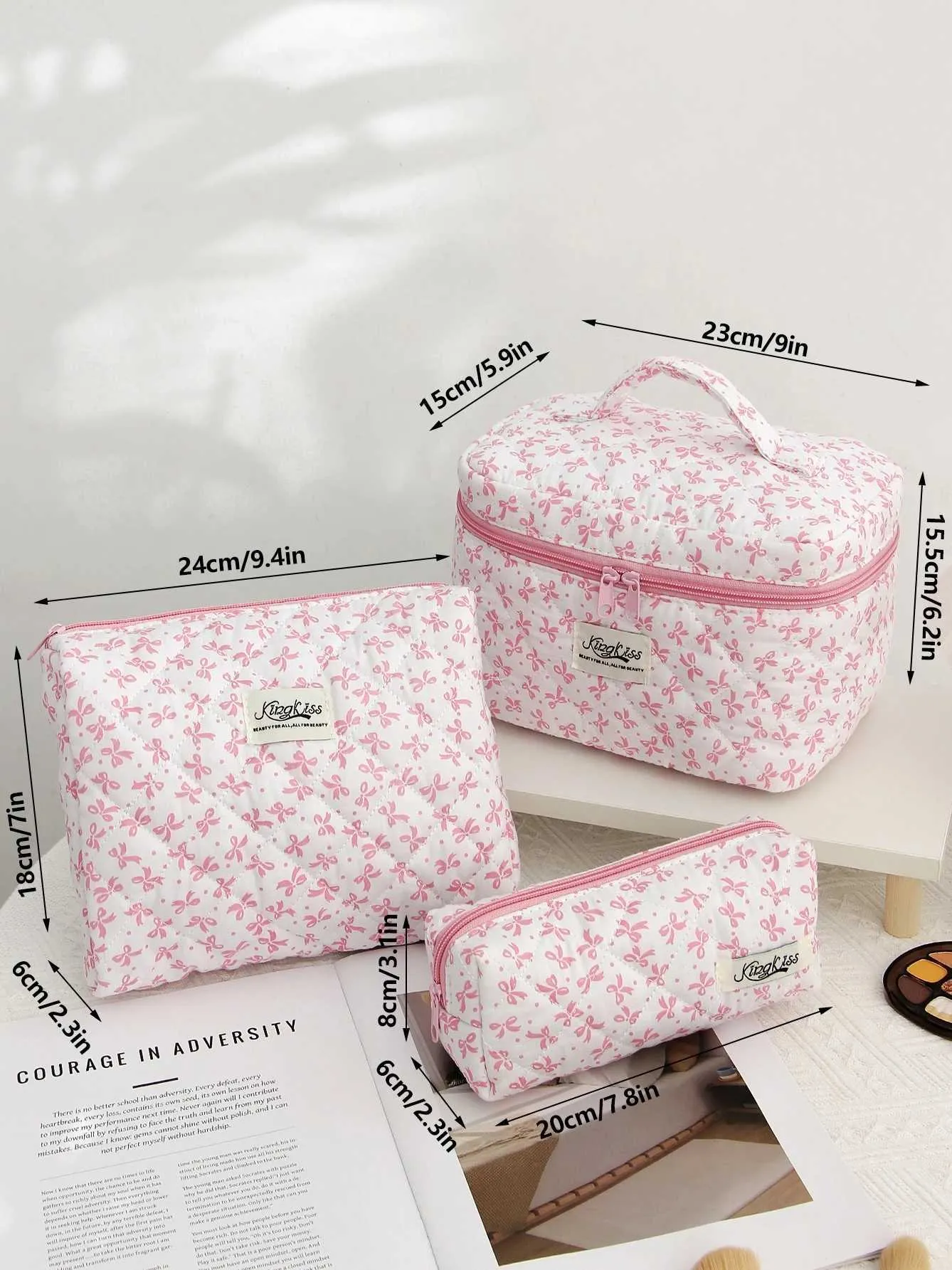 Pink Bowknit Printed Large Capacity Makeup Skin Care Bag Travel Dormitory Jewelry Lips Organizer Y241023_voghion.com