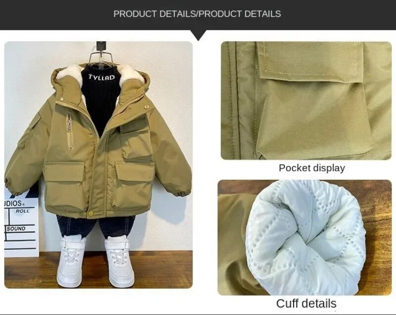 Nova jaqueta de algodão para inverno, casaco preto com capuz para meninos, roupas para crianças, adolescentes de 3 a 8 anos, parka acolchoado, traje de neve_voghion.com
