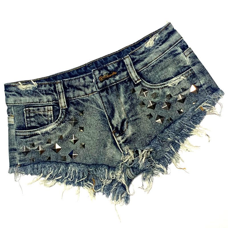 2025s Short Studded Denim Shorts Ultra Low Waist Hot Punk Style Nightclub Women's Pants Frayed Edges Distressed Washed_voghion.com