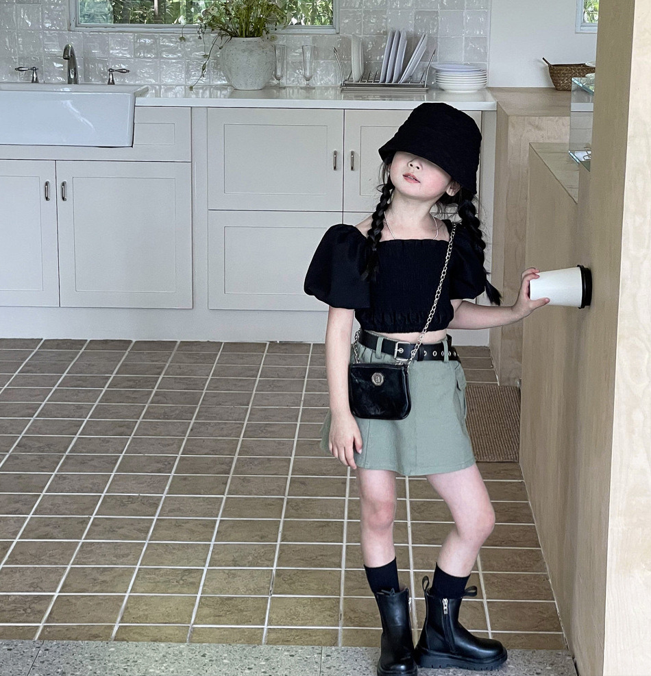 Ensemble 2 pièces pour mère et fille, haut à manches bouffantes rétro + jupe de travail, pour enfants de petite et moyenne taille_voghion.com