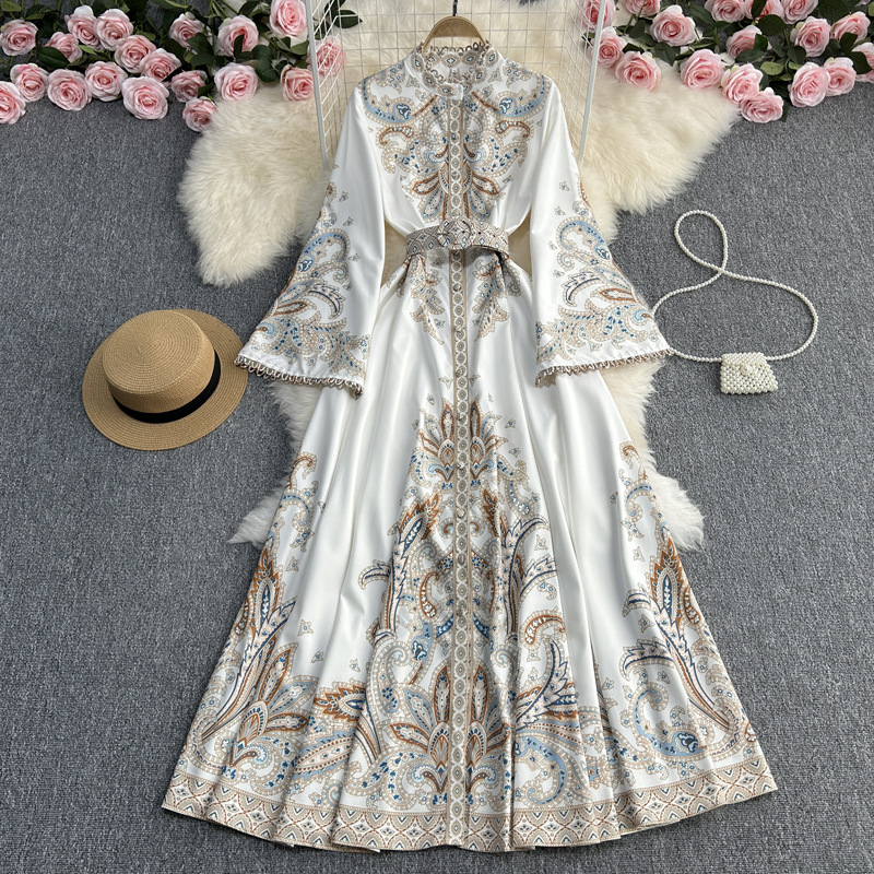 Ropa de mujer Vestido estampado de manga de trompeta con cuello alto retro de primavera y otoño para mujer, estilo palacio, falda grande hasta la rodilla con vuelo