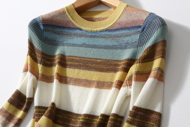 Pull en laine ultrafine pour femme, coupe cintrée, assorti avec tout, manches mi-longues, haut élastique à rayures arc-en-ciel, printemps et été_voghion.com