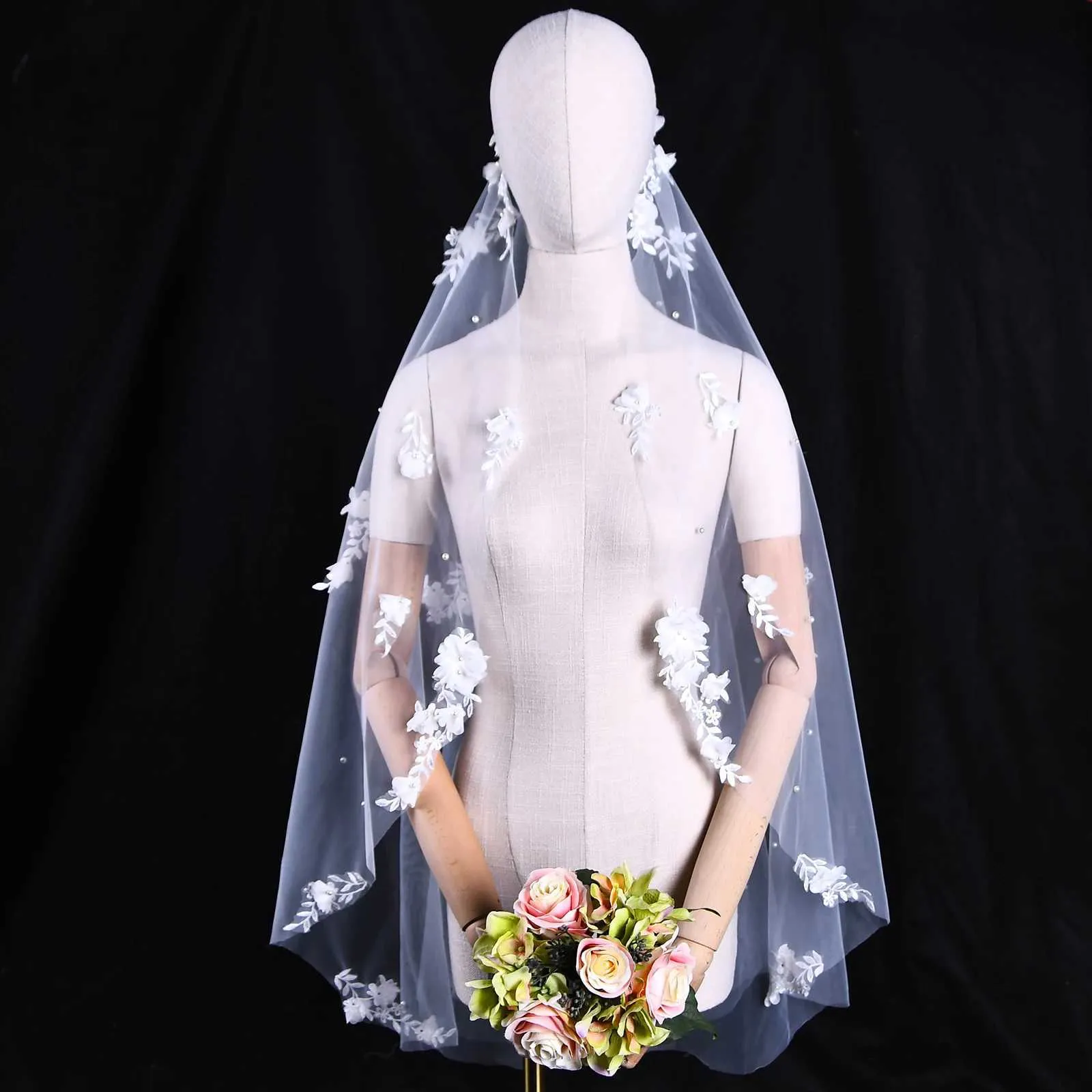 Hair Jewelry Elegance 3D Flowers Bridal Veil 1 Meters Short Veu Wedding Dresses Accessories with Organza Flower Voile_voghion.com