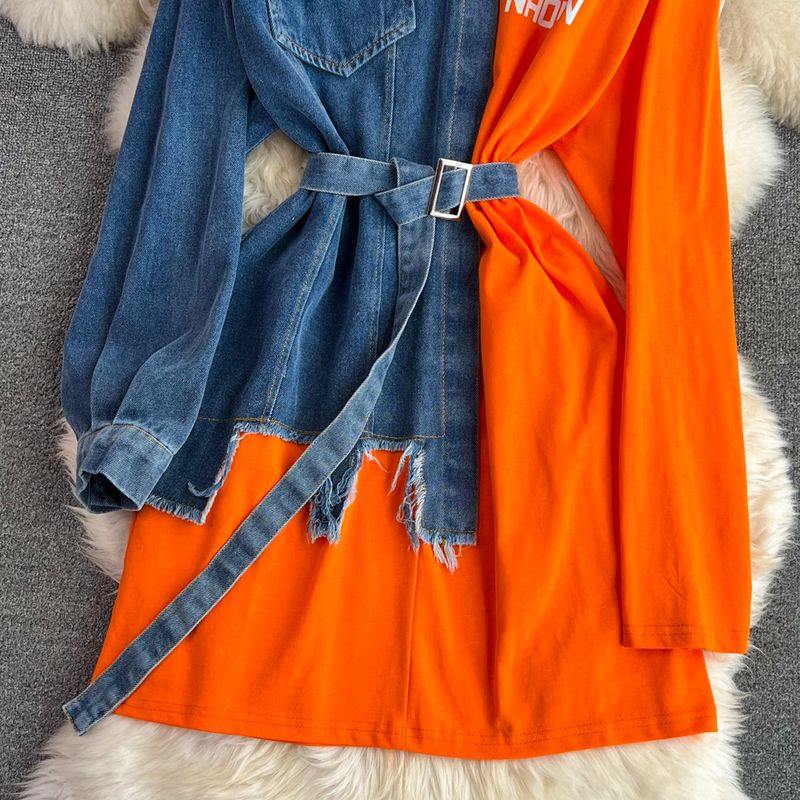 Damenbekleidung Temperament Taille mit Gürtel farblich passendes Denim lässiges mittellanges T-Shirt-Kleid_voghion.com