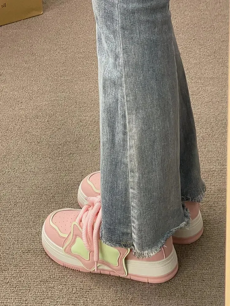 Scarpe da ginnastica con plateau rosa e blu da donna, scarpe sportive kawaii, casual, da tennis, da donna, basse, vintage, con suola spessa, coreane, carine_voghion.com