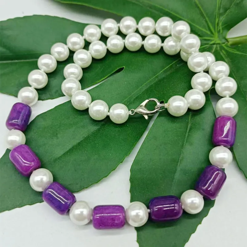Chaînes Charmantes Perles Rondes de Nacre Blanche de 10 mm et Collier Cylindrique Sugilite 10x14 mm Bijoux de Mode 20 Pouces_voghion.com