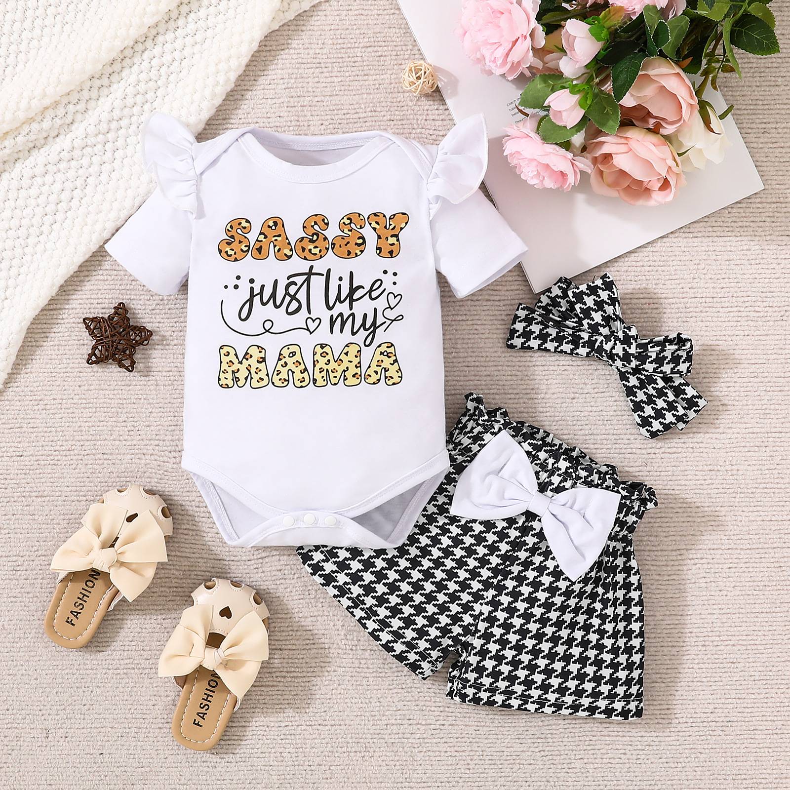 3 pezzi/set Vestiti per neonati Pantaloncini estivi a maniche corte per neonati Tuta per bambina Giraffa Alfabeto Triangolo Tutina Fiocco Zebra Stampa Pantaloncini