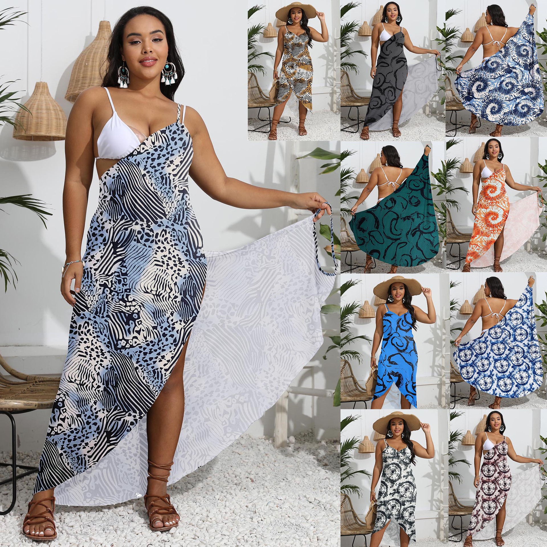 large size women's clothing printed one-piece shawl multi-wear beach dress irregular suspender dress_voghion.com