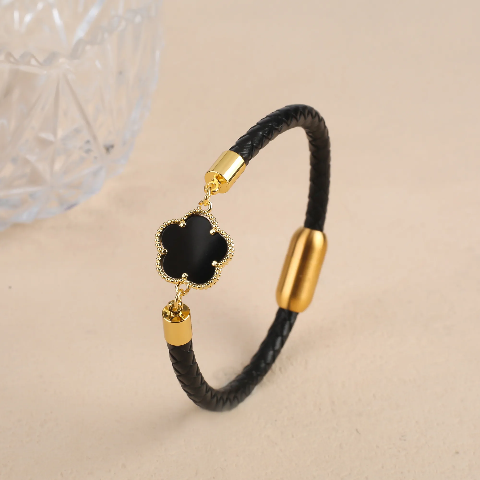Clover Charm Leather Bracelet For Men And Women Simple Style_voghion.com