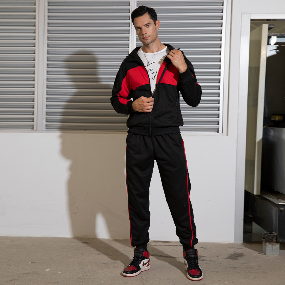 Lässiges zweiteiliges Set für Herren mit Farbkontrast, Strickjacke und Kapuze, Trainingsanzug in Übergröße_voghion.com