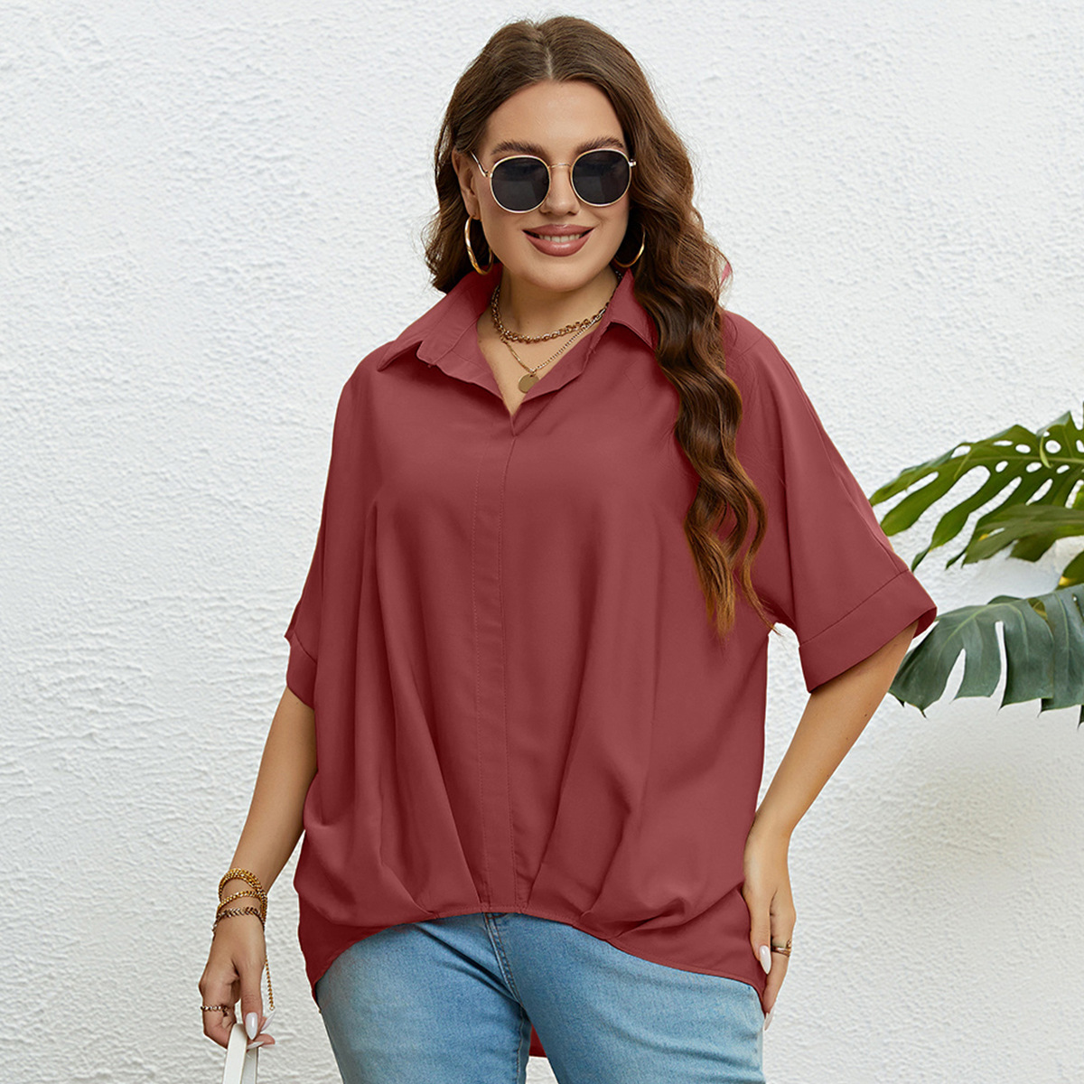 Topuri pentru femei, cu decolteu în V, slim fit și mâneci în cinci puncte, mărimi mari_voghion.com