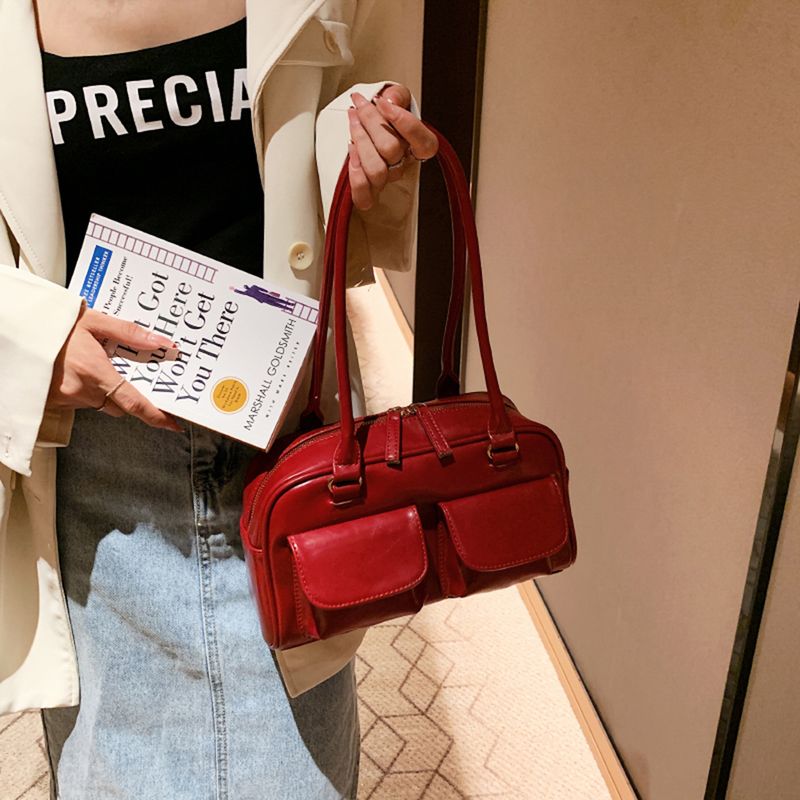 Retro Rot Frauen Schulter Unterarm Taschen PU Leder Multi Damen Satchel Hobo Tasche Luxus Designer Handtasche Weibliche_voghion.com