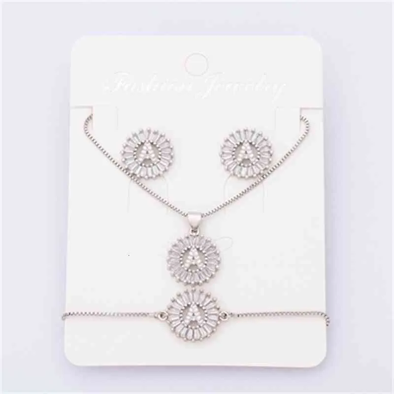 Charm Initial Necklace + Stud Earrings Bracelet Sets Jewelry Copper Zircon White Color A-z 26 Letters Alphabet_voghion.com