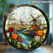 Windmill & Tulips Suncatcher - Vibrant Stained Glass-style Acrylic. Perfect For Mother's Day, Living Room,or Office Decor. Classic Round Hanging Panel_voghion.com