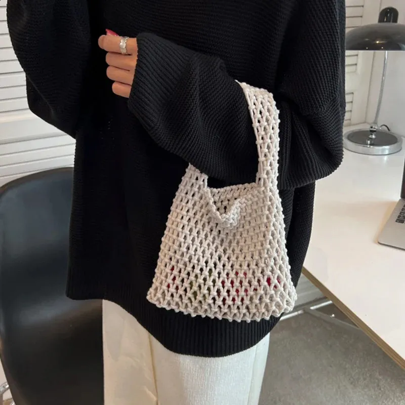 Lässige gewebte Damen-Umhängetaschen, gestrickte Handtaschen, große Kapazität, Shopper-Tasche, weibliche Strand-/Reise-Geldbörsen aus Baumwolle 240826_voghion.com