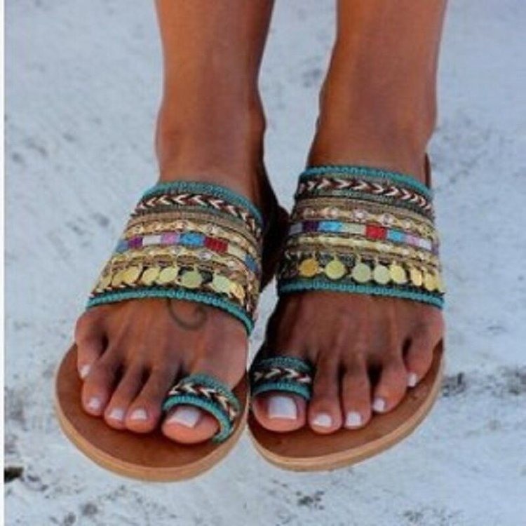 2025 Ethnic Style Handmade Beaded Sandals New Summer Large Size Metal Decor Sequin Toe Ring Flat Roman Shoes_voghion.com