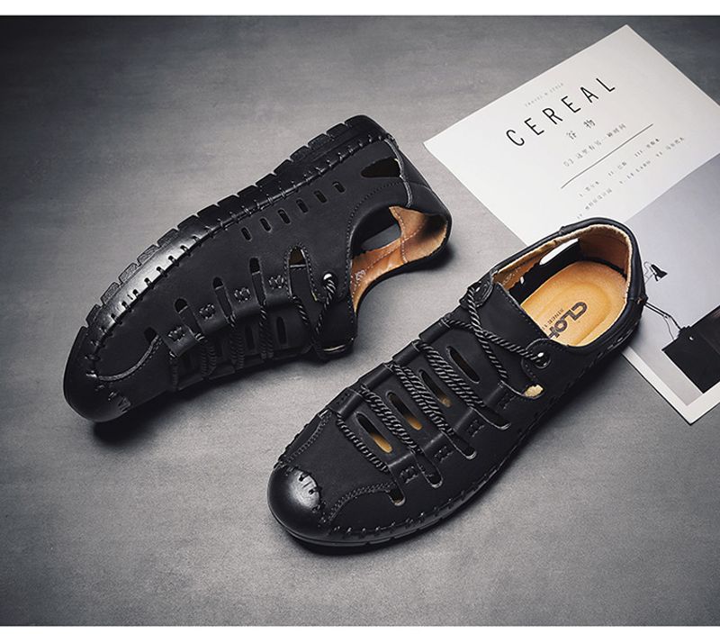 Sommer nye herresandaler, udendørs strand håndlavede hule åndbare fritidssko med hul, snørebånd indpakkede lædersko_voghion.com