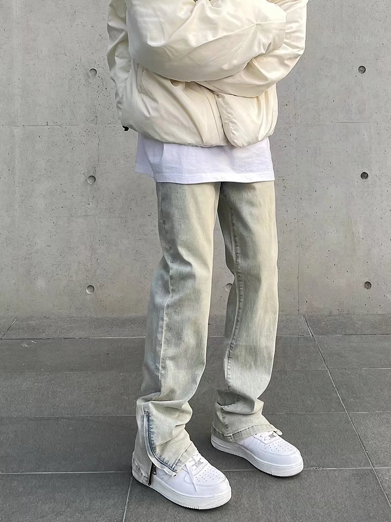 New High Street Washed Used Yellow Mud Dyeing Zipper Split Jeans Men's Straight Tube Casual Micro Pull Pants Trendy_voghion.com