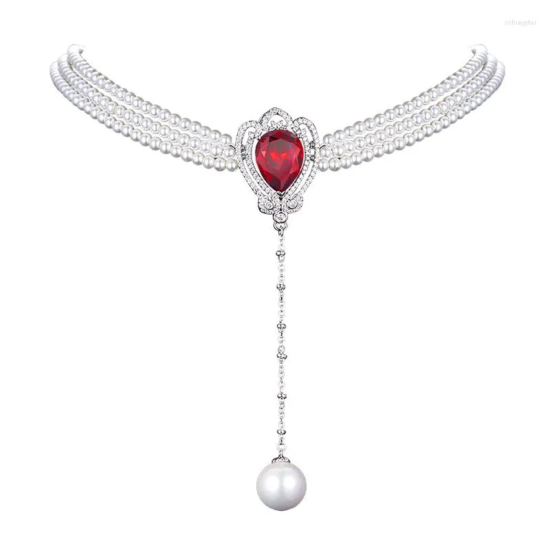 Catene 15" 3 file collana di perle bianche ciondolo zircone cubico pavé_voghion.com