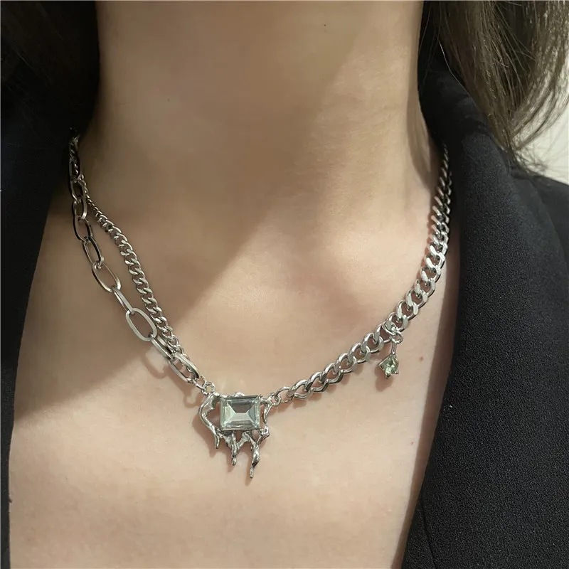 Anhänger Halsketten U-Magical Edelstahl Schmelzwachs Strass Halskette für Frauen Asymmetrie Chunky Chain Schmuck_voghion.com