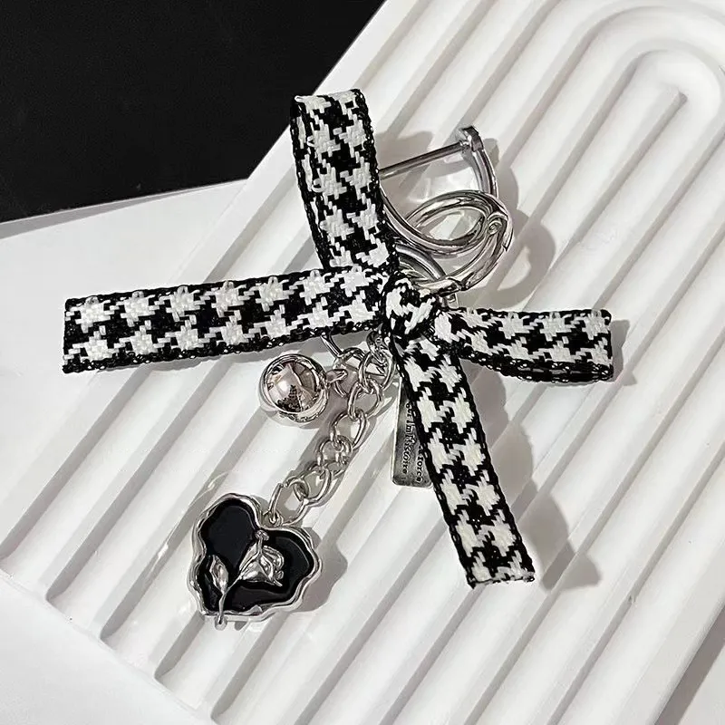 French Bowknot Keychain Black Love Rose Phone Chain Headphone Case Pendant Camera Charms Bag Decor Car Keyring_voghion.com