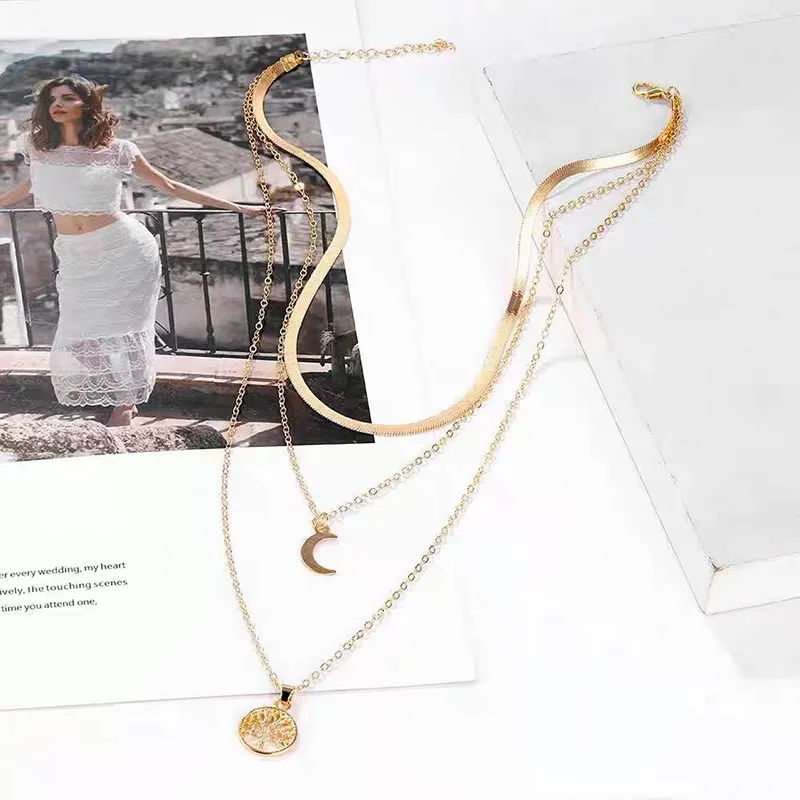 Collane Sterling Sier Triplo strato Collana Luna Pendente Choker Festa Compleanno Regalo Donna Moda Gioielli 230426_voghion.com