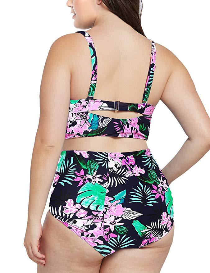 Large Size Plus Bikini Swimsuit High Waist Printed Two Piece Solid Color Women's Vacation Sexy Suit_voghion.com