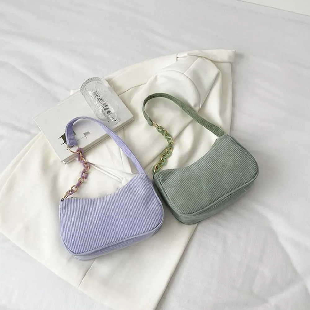 Hobo Chain Corduroy Shoulder Bag Korean Style Solid Color Crossbody Storage Makeup Lipstick Veet Underarm_voghion.com