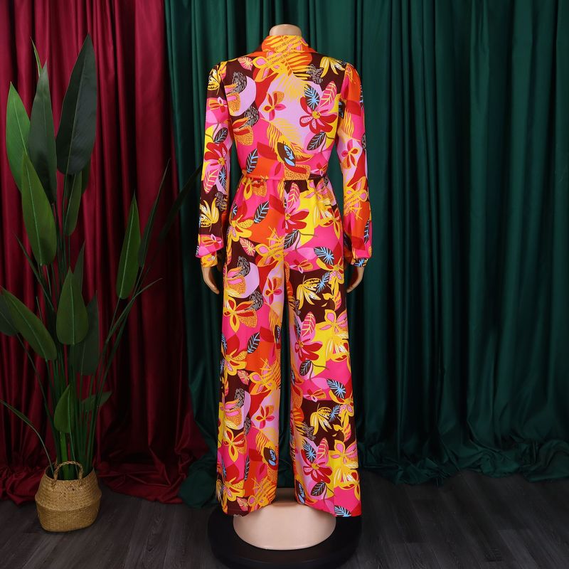 Women's Fashion Print Two-piece Lapel Tie Shirt Wide Leg Pants Suit_voghion.com
