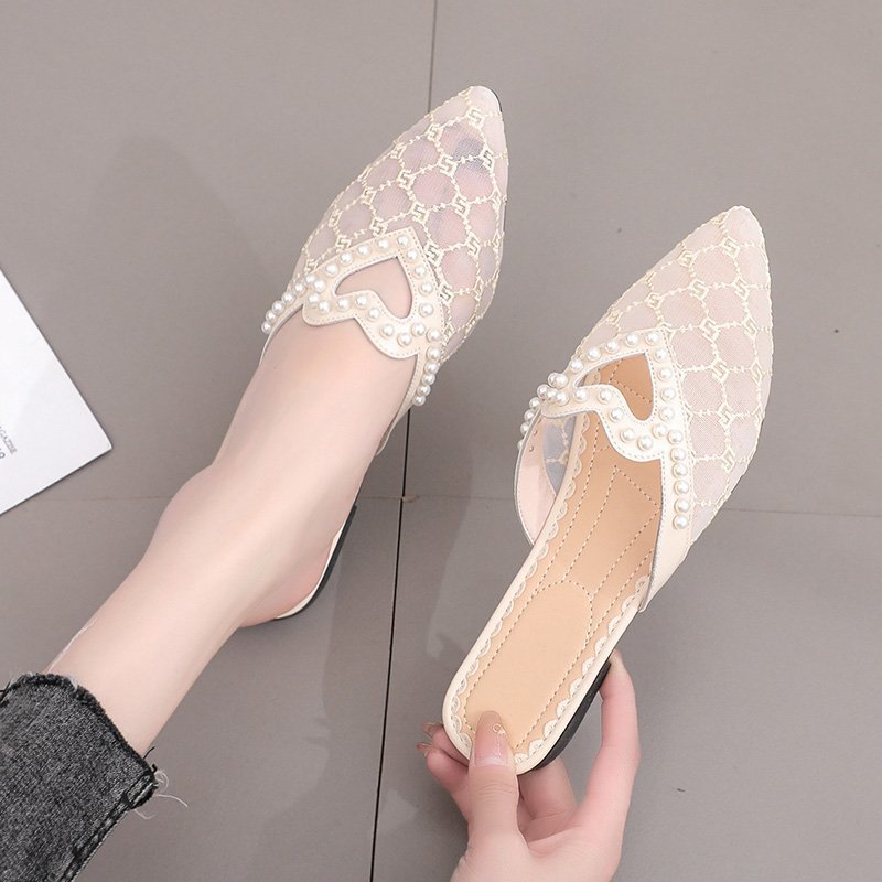 Pointed Toe Pearl Embellished Mesh Slippers For Women Low Heel_voghion.com