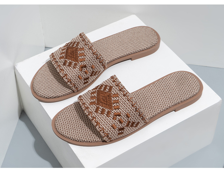Cfxxy-168 dames flats2023 nouvelles pantoufles pour femmes à fond plat brodées tenue décontracté sandales en lin_voghion.com