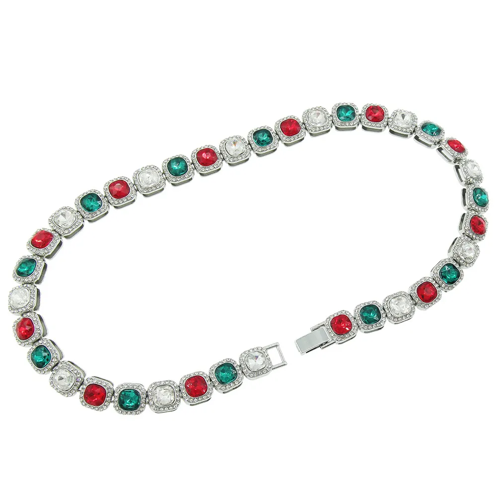 Chains Hip Hop Square Colorful Rhinestones CZ Tennis Chain Choker Necklace Male Femalebling Punk Bracelet Jewlery Couple_voghion.com