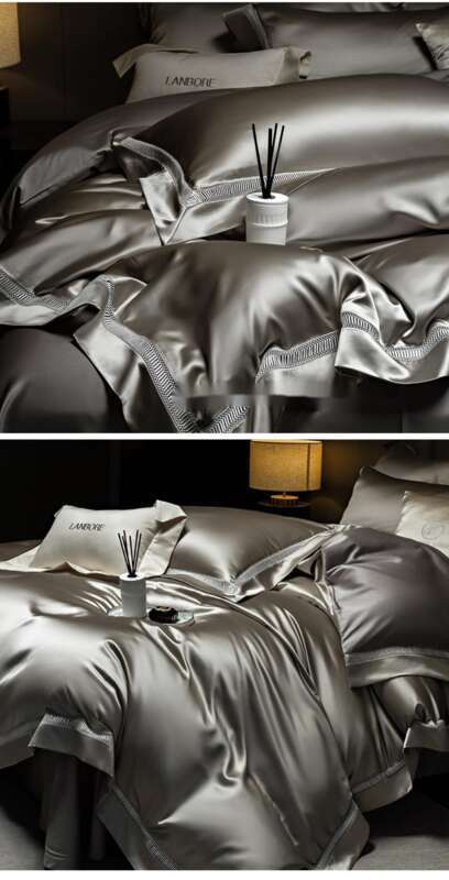 High End Water Gloss Silk Satin Ultra-fine Denier Lyocell Cotton Four Piece Hollow Out Light Luxury Duvet Set Bedding_voghion.com