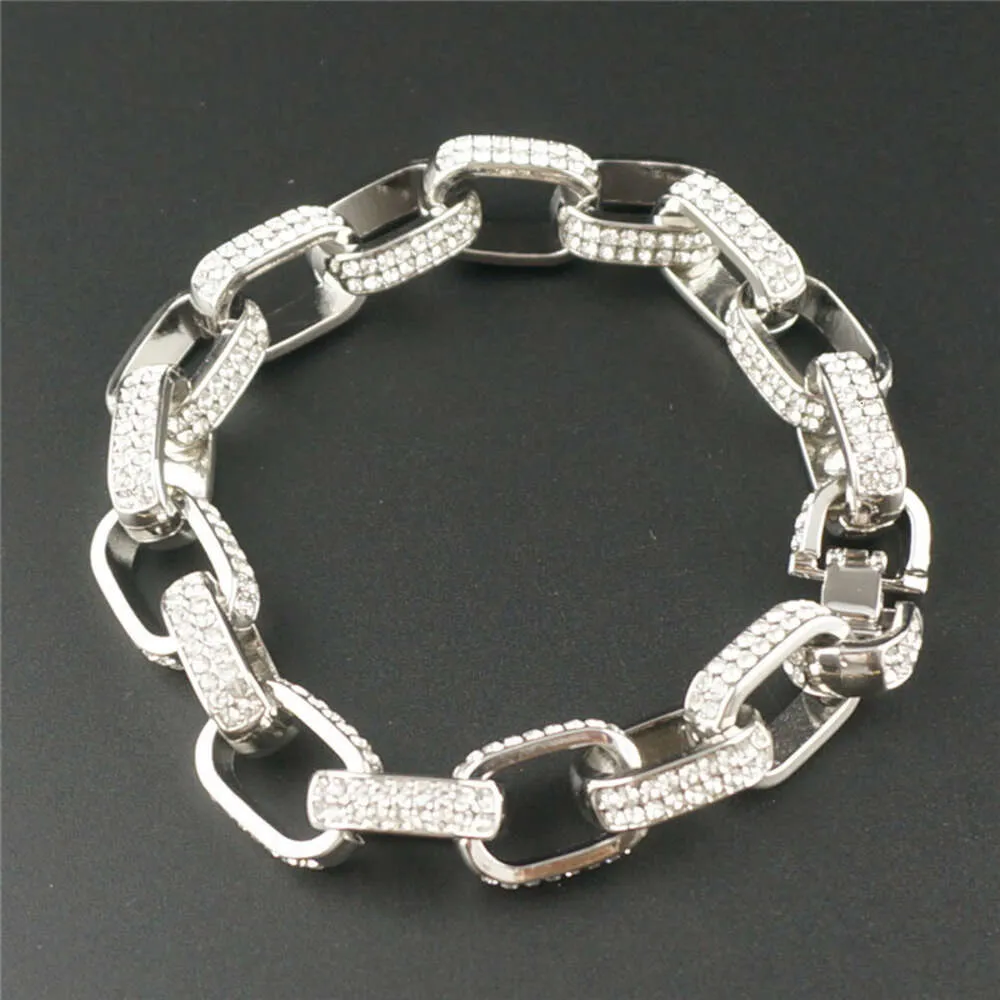 Simple Square Three-dimensional Box Full Of Rhinestones Hiphop Trendy Cuban Chain Thick Bracelet_voghion.com