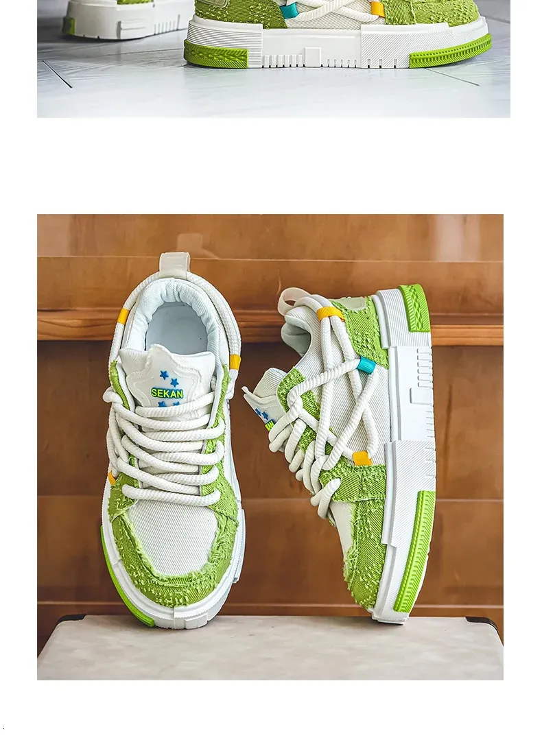 Chaussures de skateboard à lacets en toile vulcanisée à plateforme verte pour homme, baskets basses de tennis décontractées pour hommes 240704_voghion.com