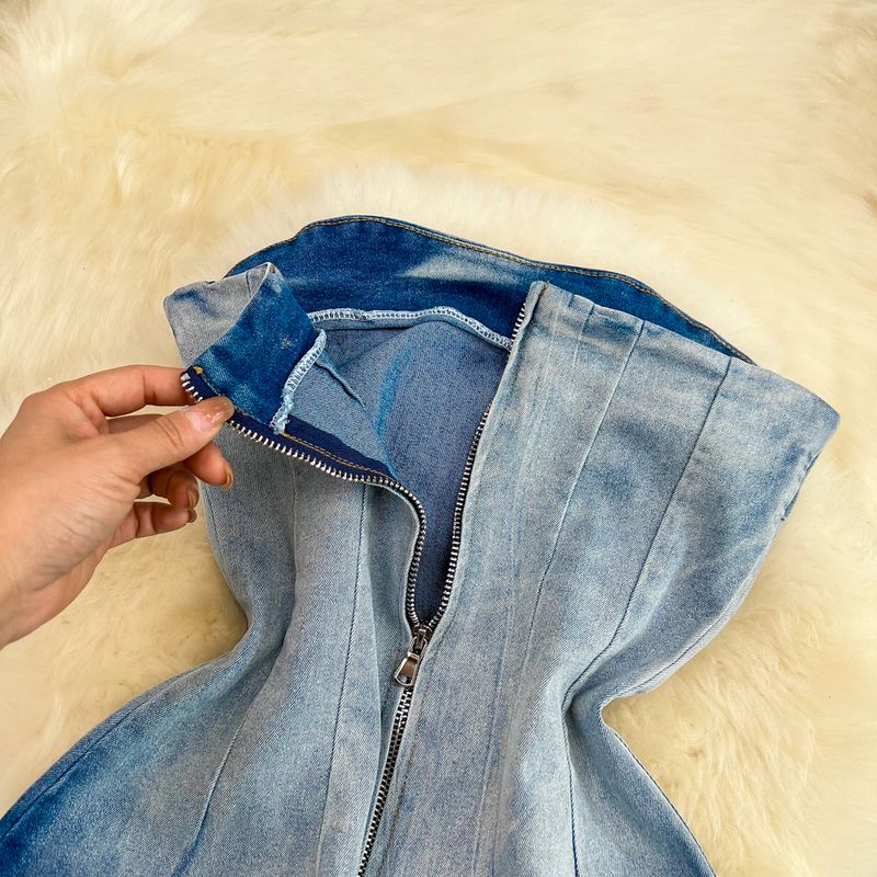 Women's color-changing tube top waist slimming mid-length back slit denim hip-hing dress_voghion.com