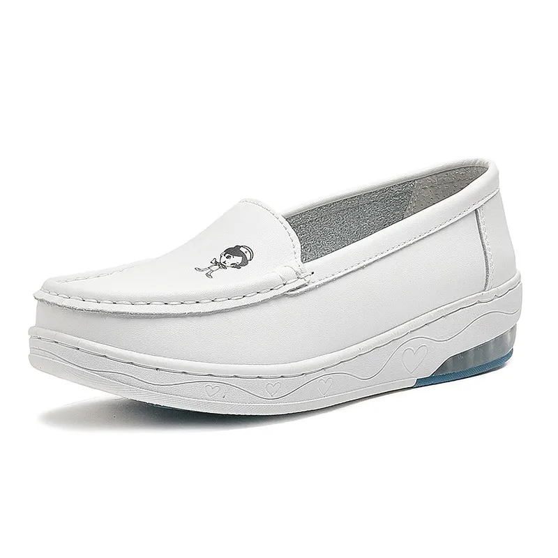 Enfermera Suave Suela gruesa Casual Plano Pequeños Zapatos blancos Sin cordones para mujer 456_voghion.com