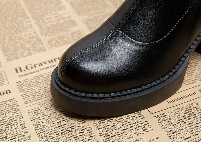 High ankle work very high heels brown short and chubby platform womens waterproof boots black Pu 240911_voghion.com