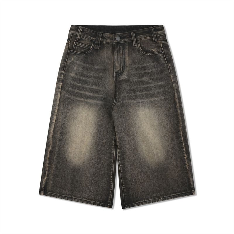 Pantaloni scurți bărbătești, din denim spălat și uzat, lejeri, casual, cu croială dreaptă, până la genunchi, stil american VIP la modă, pentru străzile principale_voghion.com