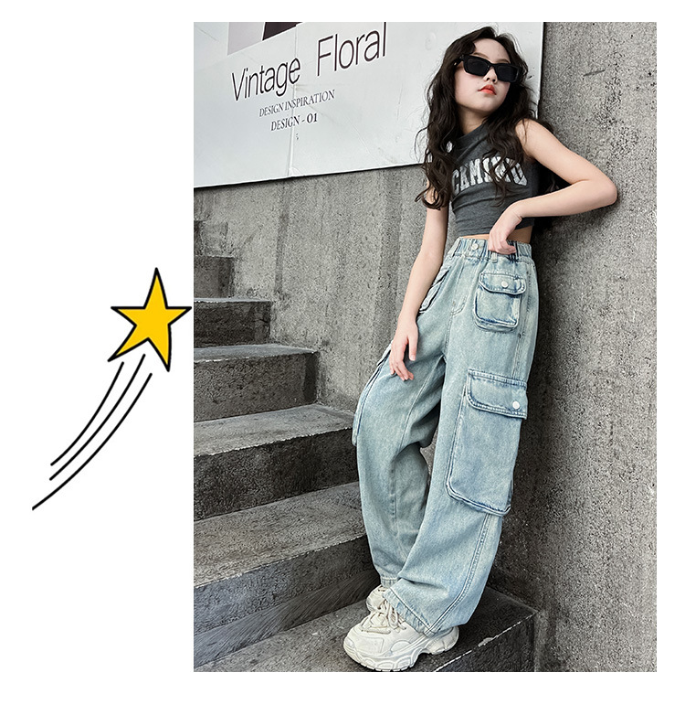 Jeans à grande poche pour filles, salopette ample pour garçons et filles, pantalons pour enfants_voghion.com