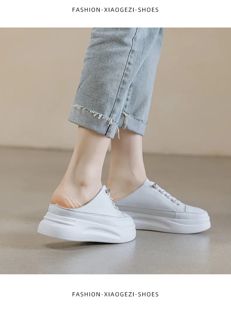 Genuine Leather Thick Soled Round Toe Half Slippers Heelless Lazy Casual And Fashionable Women Small White Shoes_voghion.com
