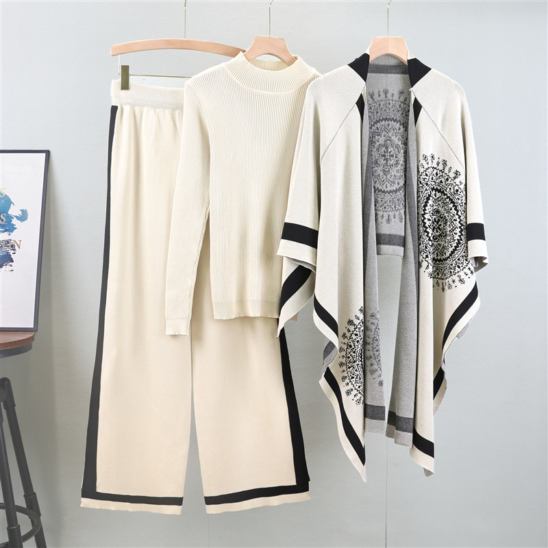 Women's Clothing new slim and fashionable long sleeved sweater + shawl + casual wide leg pants three piece suit
