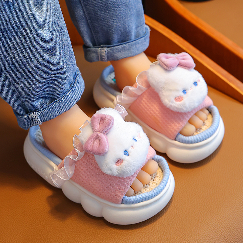 Spring and autumn children's linen flip-flops four seasons indoor household breathable girl family Zhongda baby cotton and linen flip-flops
