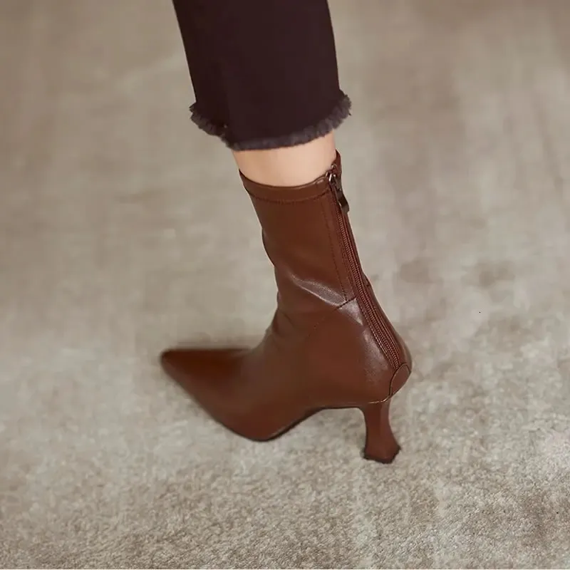 Women Pointy Soft Leather Brown Elastic Famele Stiletto Heels Shoes Ladies Ankle Back Zipper Boots 240617_voghion.com
