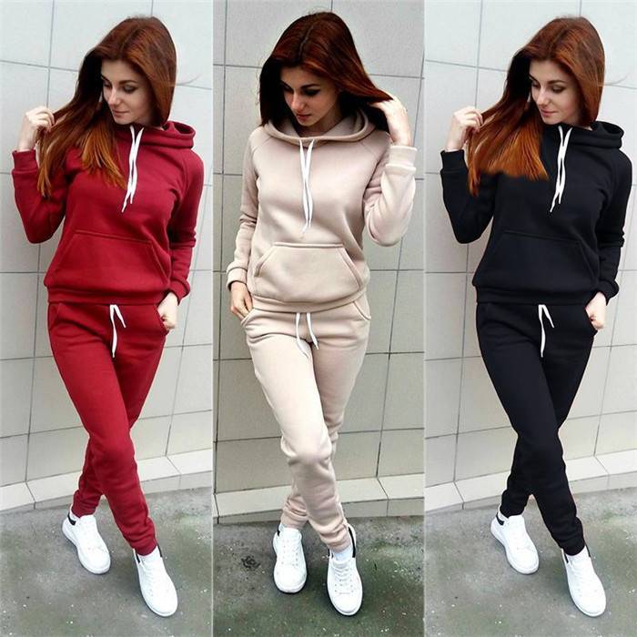 Solid Women Tracksuit Casual Hoodies Sweatshirt Pant Set Lounge Wear Sport Suit 2PCS Autumn Winter Clothes