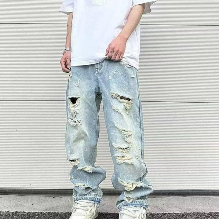Men's Relaxed Fit Distressed Straight Jeans - Casual Blue Denim_voghion.com